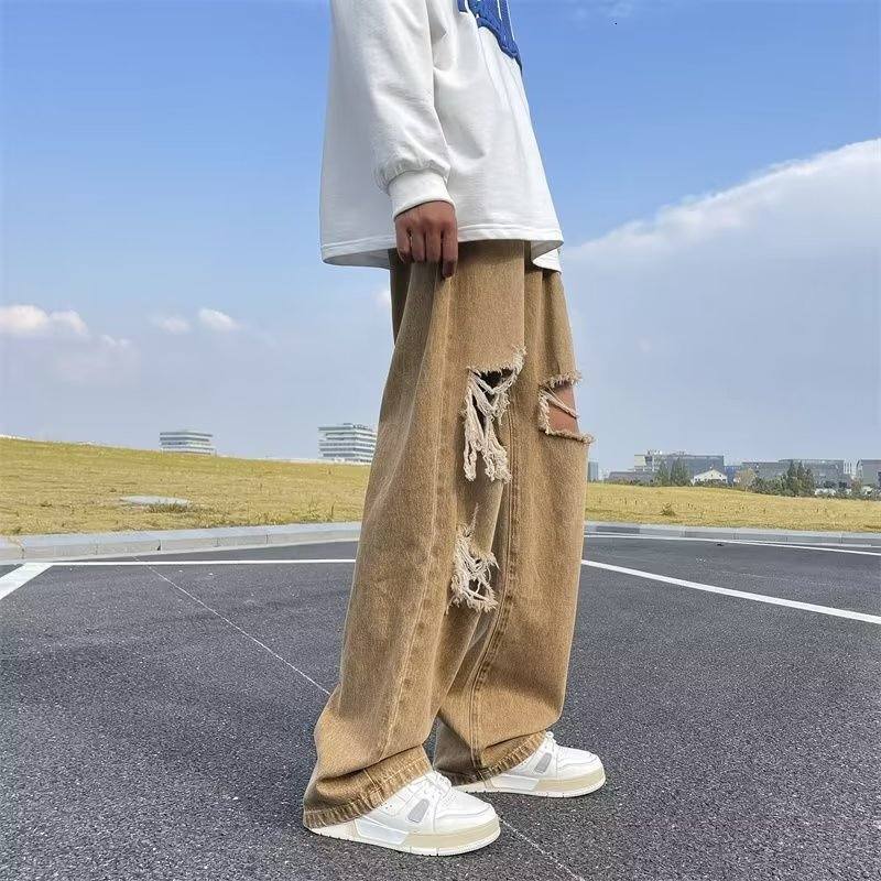 Perforated jeans, men's vibe style, ruffled and handsome straight leg pants, summer American high street ins pants trend