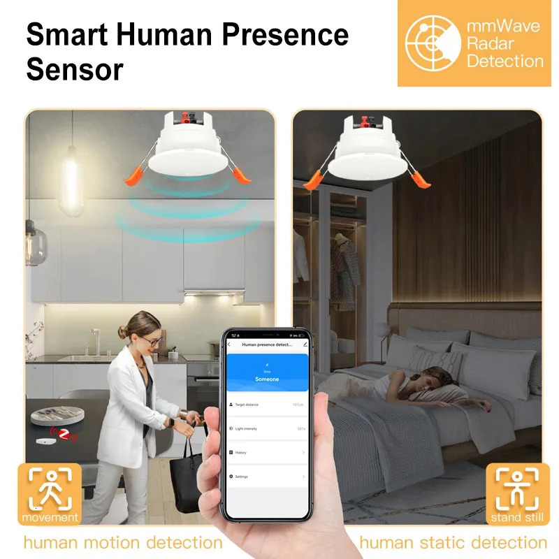 Intelligent WiFi/Zigbee millimeter wave radar motion sensor human presence detector with brightness/distance detection 5/110/220V 240710