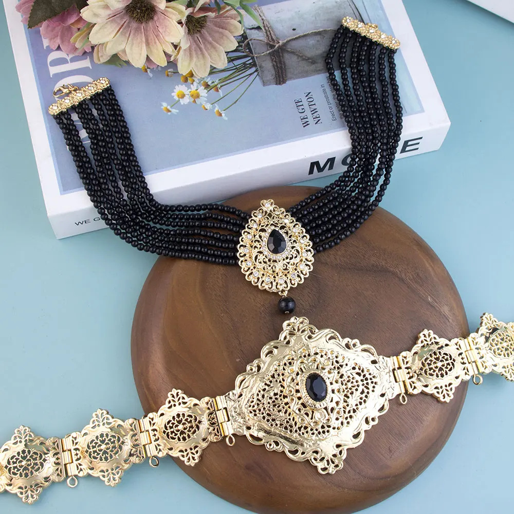 Sunspicems Chic Arabic Caftan Belt Choker Necklace Black Crystal Waist Chain Gold Color Morocco Bride Jewelry Beads 240709