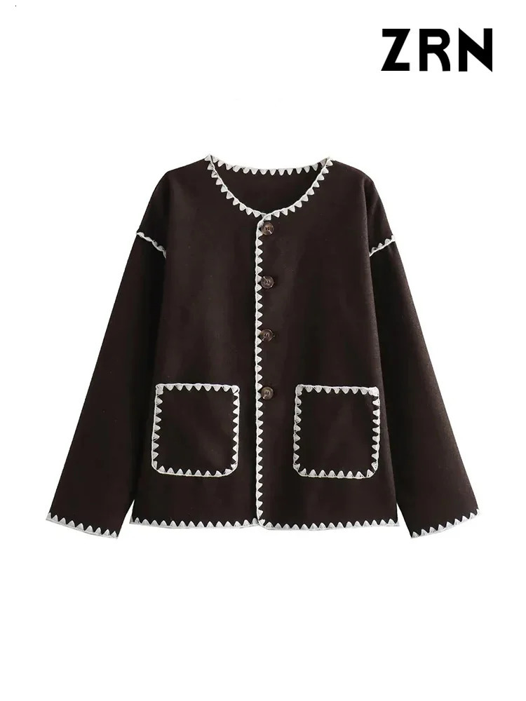 ZRN Women Fashion With Pockets Contrast Loose Woolen Jacket Coat Vintage Long Sleeve Buttonup Female Outerwear Chic Tops