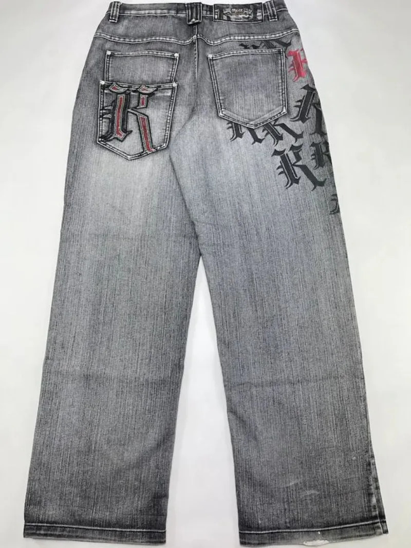 American Harajuku Vintage Print Jeans Y2K Women Washed Gray Straight Pants Street Gothic Loose Unisex Trousers 240708