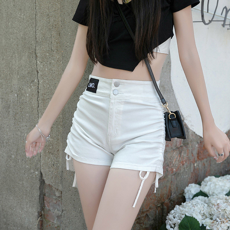Design inspired double button denim shorts for women 2022 summer new slim fit high waist slimming elastic A-line hot pants