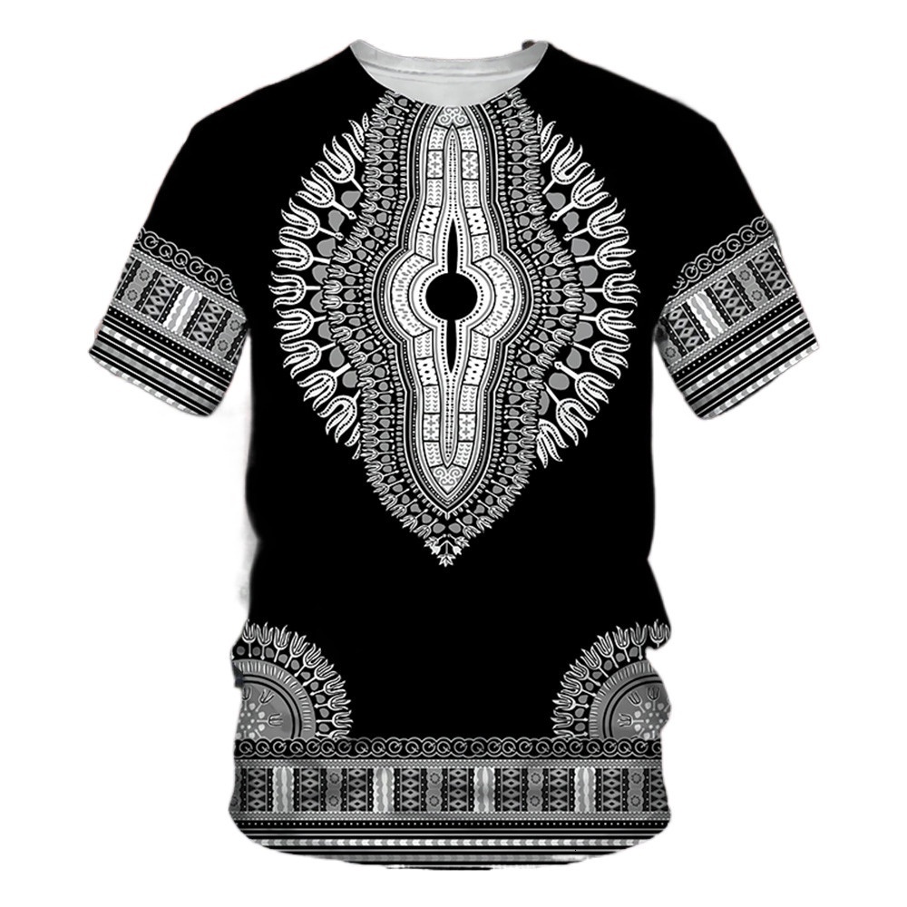 African Men's 3D Printed Dashiki T-shirt Traditional Short Sleeved Casual Street Clothing Retro Ethnic S
