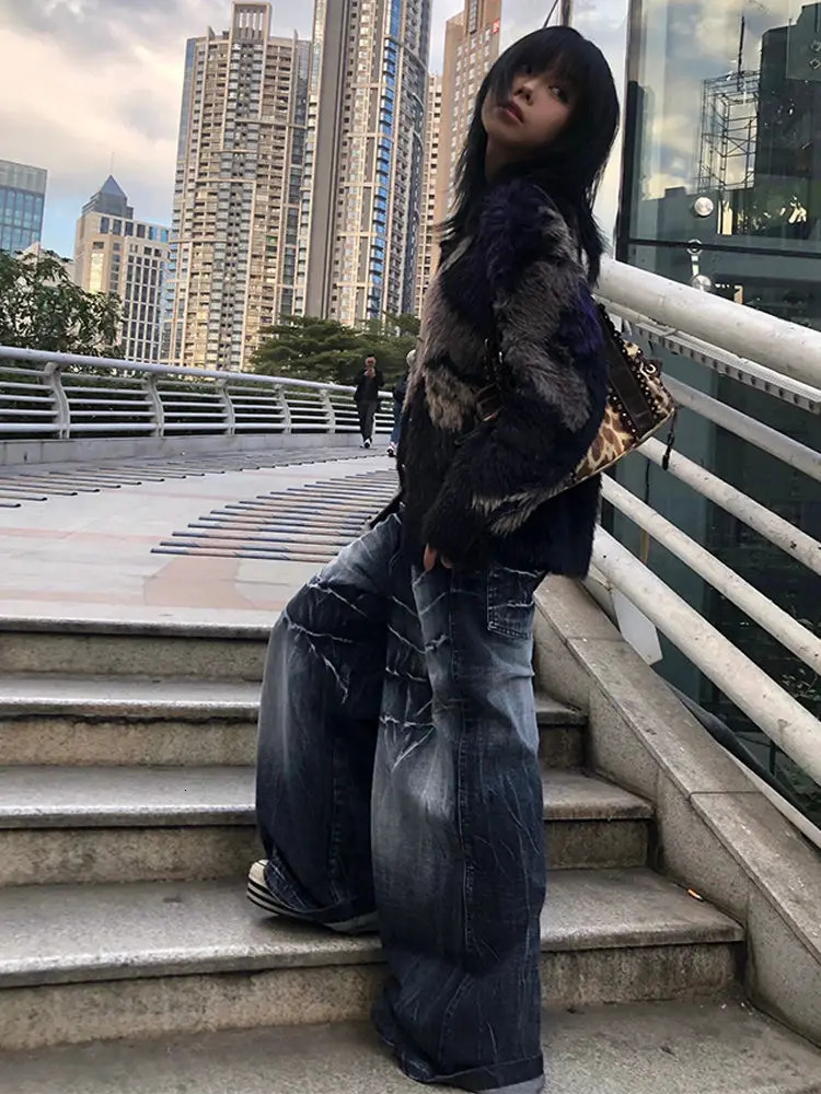 Y2K American High Street Makes Old Ground White Loose Jeans Women Harajuku Style Retro Trend Loose Casual Street Mopping Pants 240717