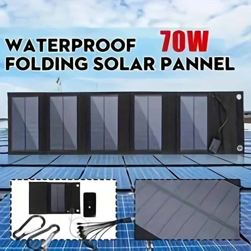 70W Foldable Solar Panel 5V USB Portable Battery Charger for Cell Phone Outdoor Waterproof Power Bank Camping Accessories 240711