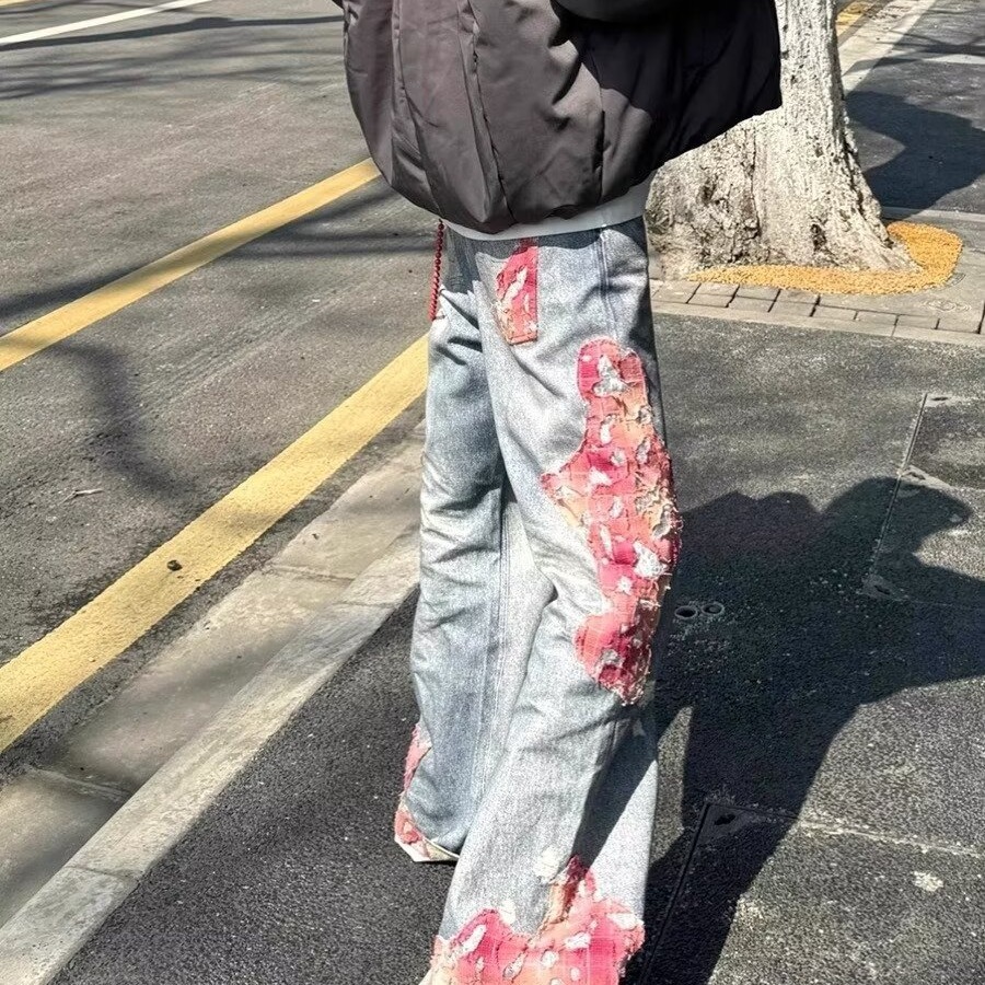 Cabbage Coke American Street High Rise Jeans Men's and Women's Micro Horn Printed Splicing Casual Pants
