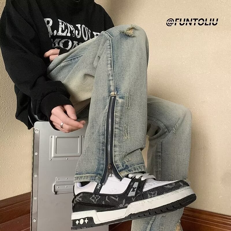 2024American high street ripped jeans men's summer thin, loose straight leg trendy brand split zipper pants