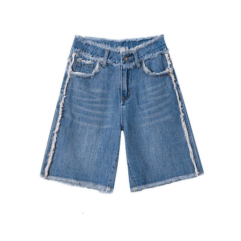 Women's Spring/Summer 2023 New High Waist Loose Wide Leg Ins Trendy 5-point Mid Pants with Hairy Edge Denim Shorts