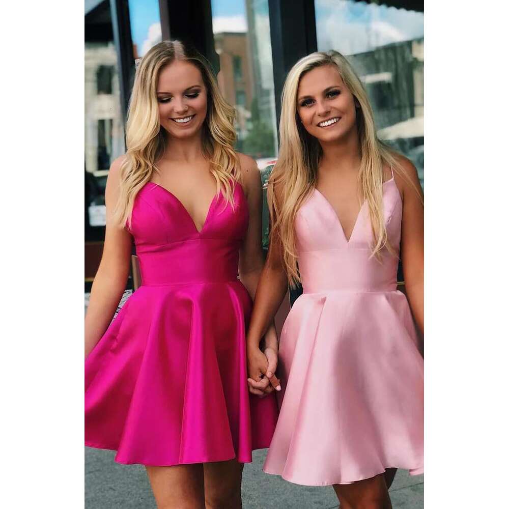 Straps Homecoming Spaghetti Fuchsia Sweetheart Ruffles Pockets Short Prom Tail Dresses Satin Above Knee Evening Party Dress BM4008