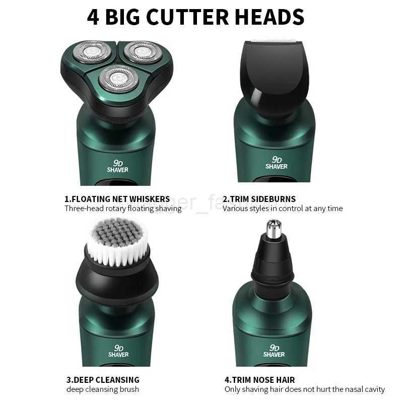 Green Smart Electric Shaver LCD Digital Display Three-head Floating Razor USB Rechargeable Washing Multi-function Beard KnifeB240709