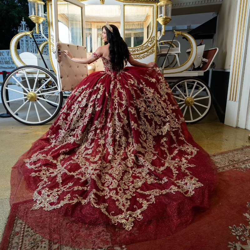 Red Shiny Princess Party Prom Dresses Off Shoulder Puffy Sweet 16 Sequined Applique Lace Beads Tull vestidos de 15 quinceanera