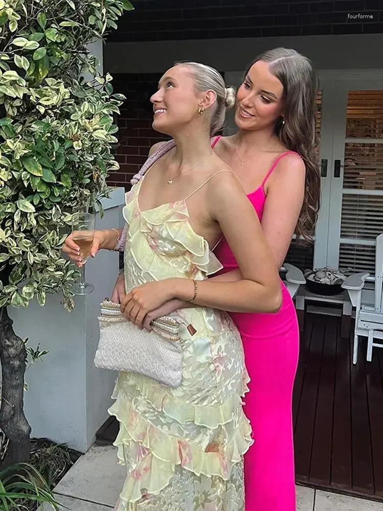Casual Dresses designer dress Pink Chiffon Ruffle Sg Maxi Dress Tierred Women Chic Sweet Sleeveless V Neck Holiday Robe Spring Lady Beach Vestidos