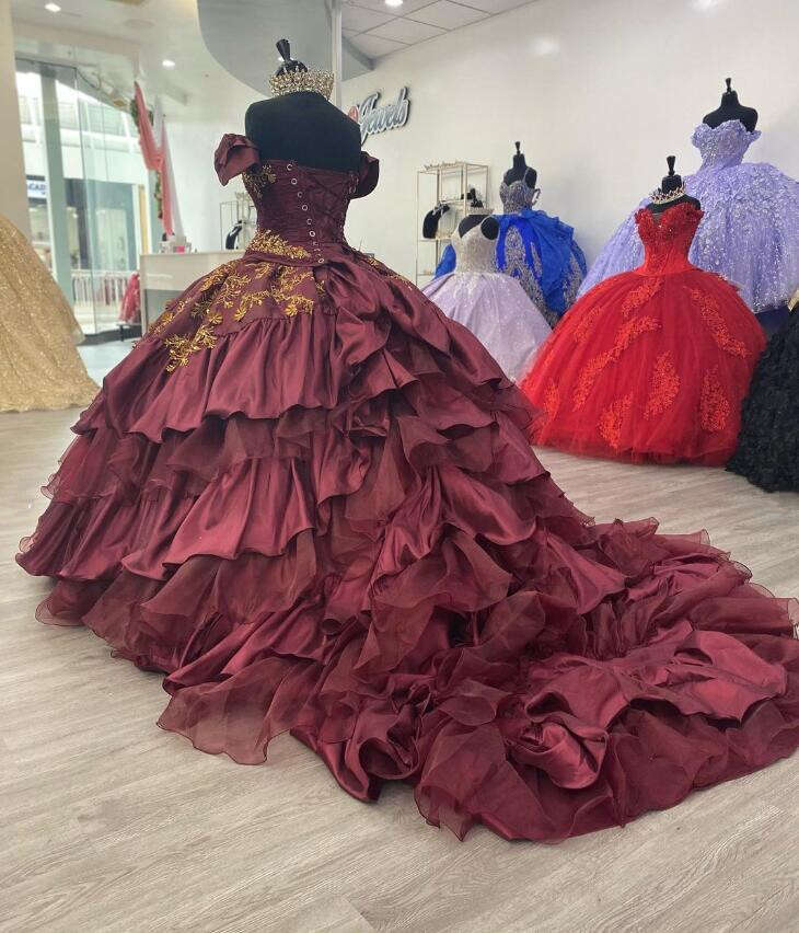 Bury Prom Dress Quinceanera Dresses Gold Embroidery Ral Ruffles Train Corset Vestidos Anos Princesa Sweet Lz0304