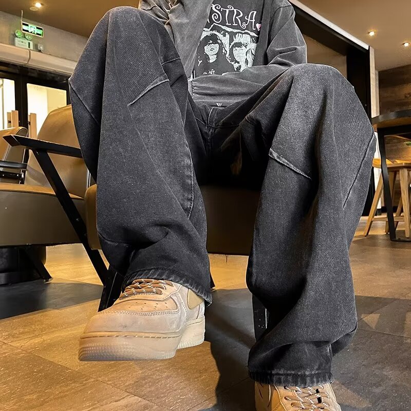 High Street Pants Spring Style American Vibe Loose Wide Leg Rascal Handsome Men's Jeans 2024 New Collection