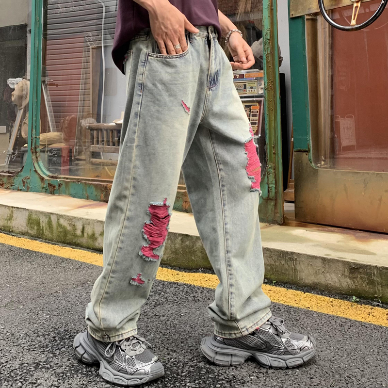 Washed jeans for men, American fashion brand ripped pants, trendy loose straight leg men's denim pants