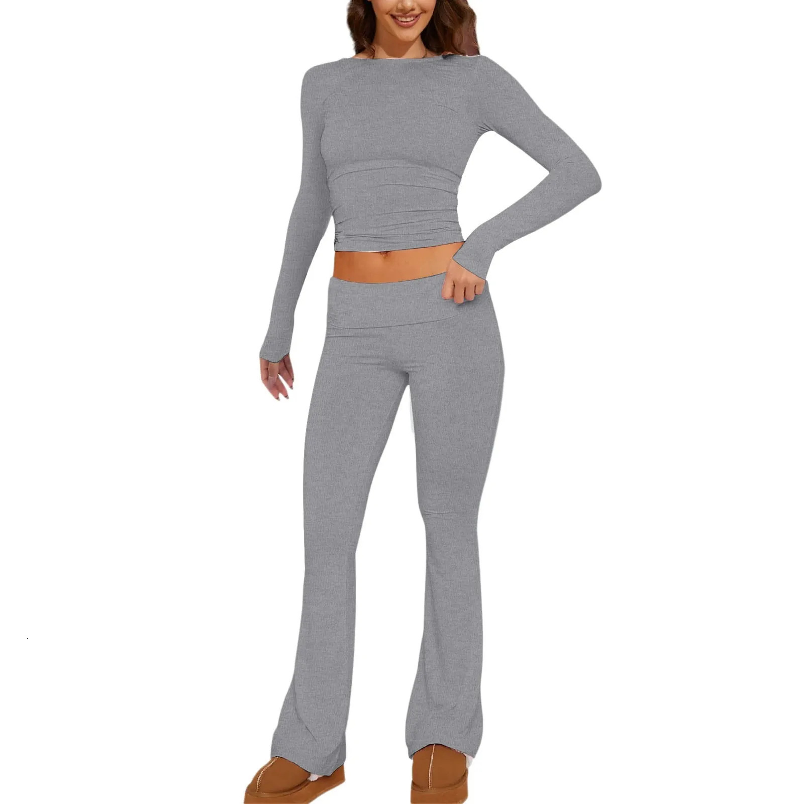 Womens 2 Piece Sets Fold Over Flare Pants Set Long Sleeve Women Petite Suits Suit Jackets And Knit Warm up 240712
