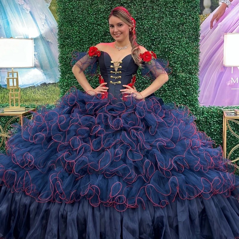 Navy Blue Womens Off the Shoulder Quinceanera Dress Applique Flower Tull Tiered Ball Gowns Sweep Train Vestido de 15 Anos Sweet