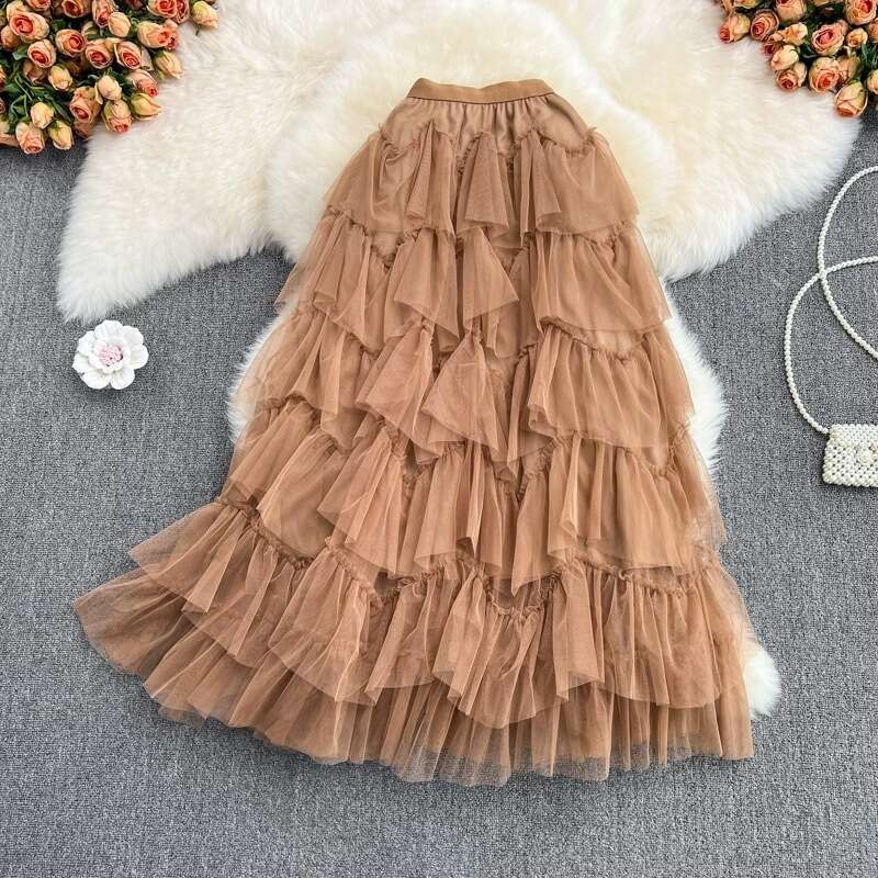 Fashionable Mesh Puffy Cake Medium Length Elastic and Elegant Irregular Gauze Fairy Skirt, Summer Temperament Self-cultivation Waist Lace Dress