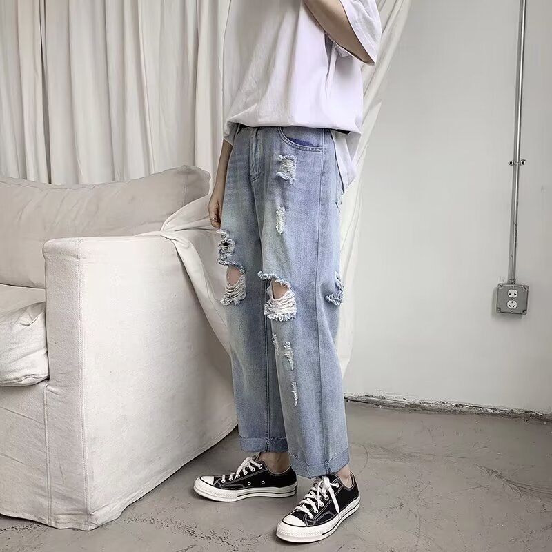 Perforated jeans, men's summer trendy brand, loose fitting straight leg beggar pants, American style explosive street ruffian handsome pants