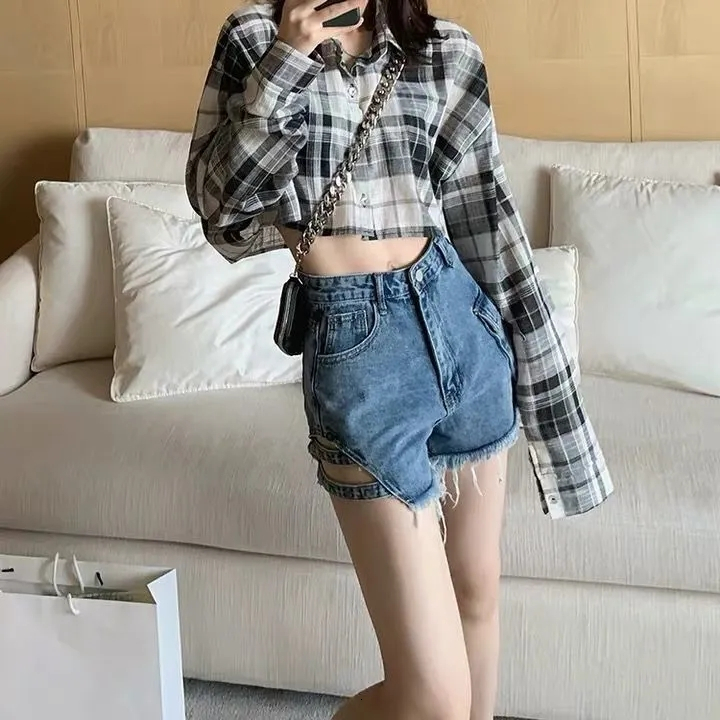 Sexy Spicy Girl, American style distressed, tight fitting, elastic edge denim shorts, women's high waisted slimming dance hot pants, summer