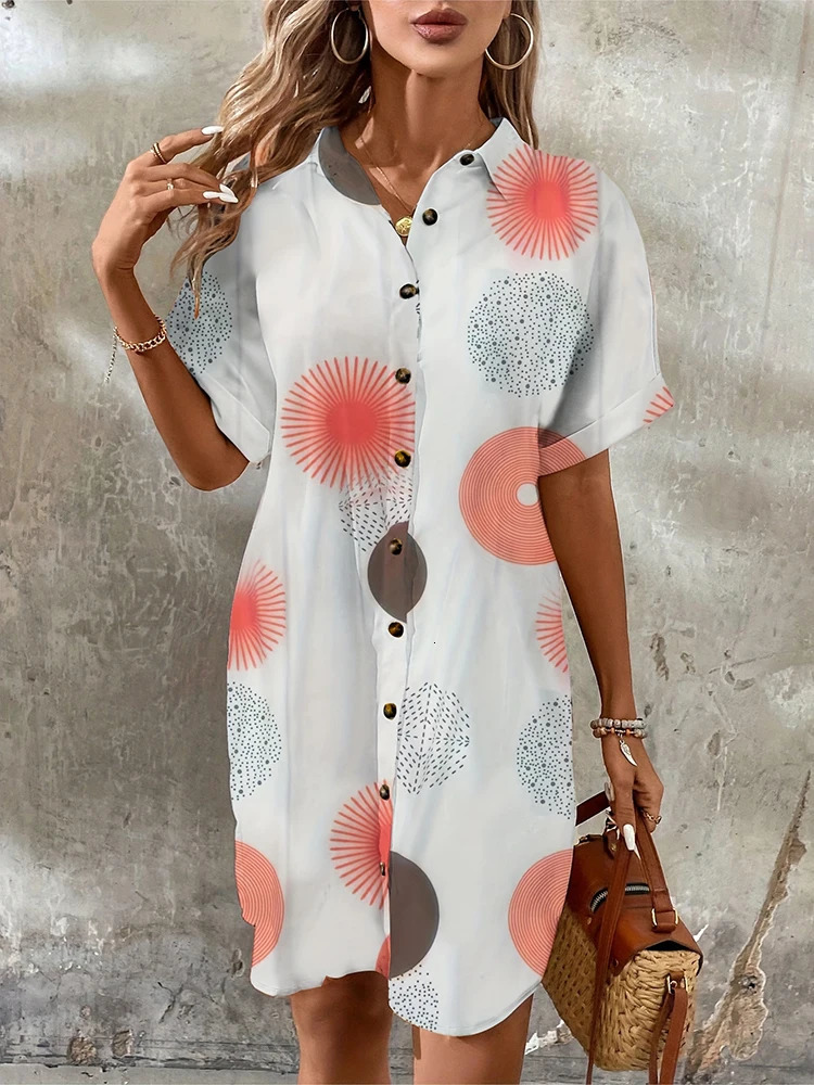 2024 Summer Everyday Casual Womens Shortsleeved Shirt Dress Urban Fashion Singlebreasted 3D Printed Elegant 240716