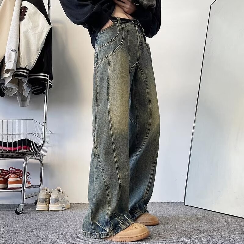High street straight tube deconstruction, old color jeans for men women, slim and tall, wide legs, slightly flared pants