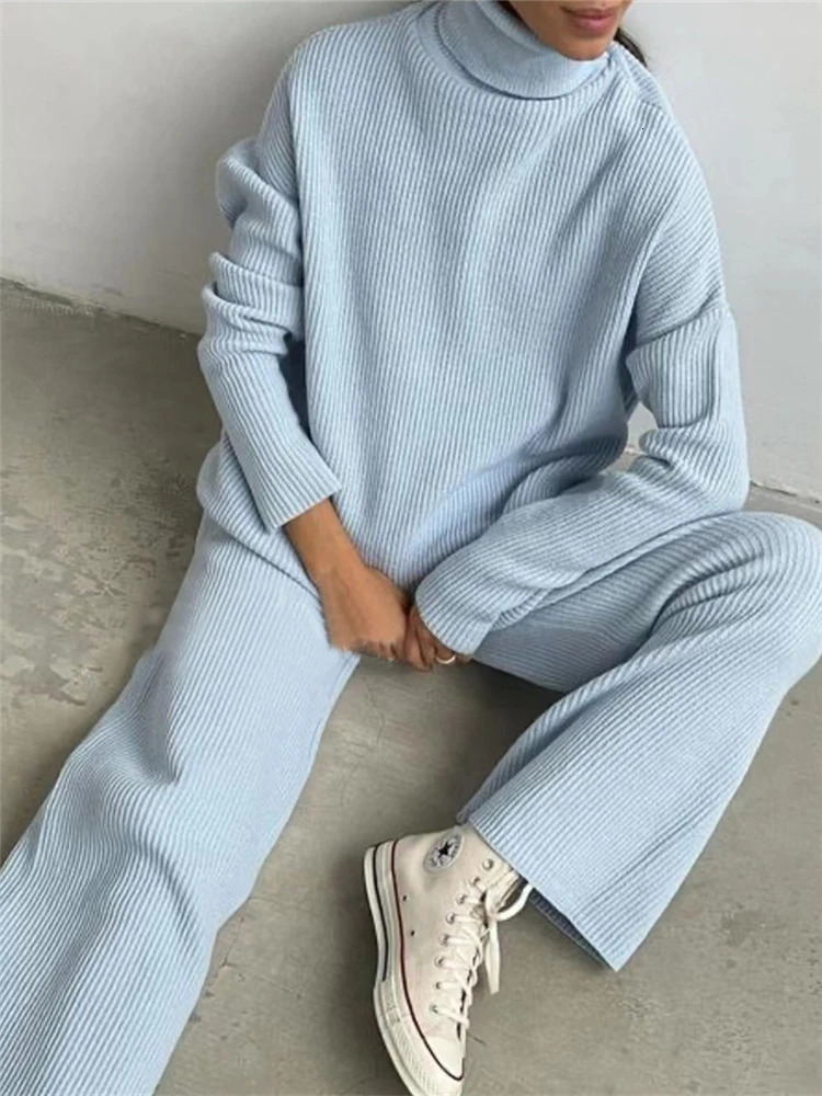 2 Pieces Women Sets Knitted Tracksuit Turtleneck Sweater and Wide Leg Jogging Pants Pullover Suit 240715