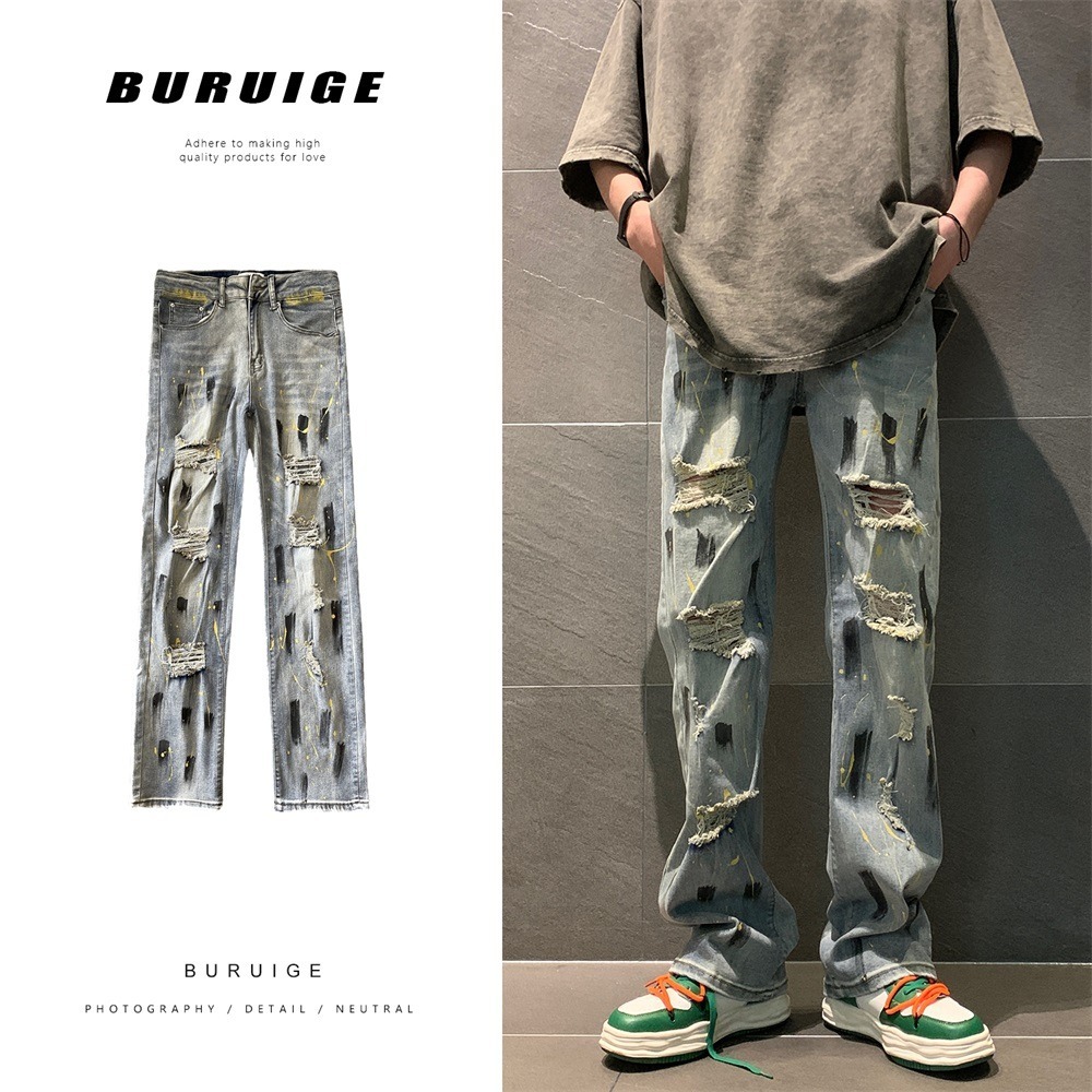 Splashing ink graffiti jeans with ripped holes trendy ins high street niche design high-end straight leg pants