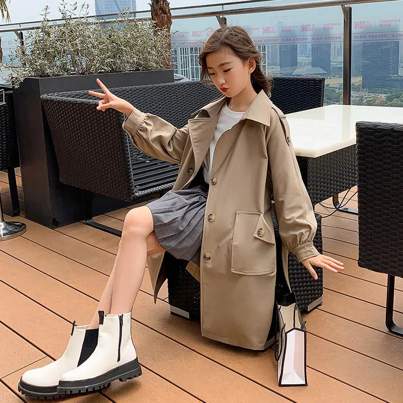 Spring Autumn Cotton Kids Girls Long Trench Coats Fashion England Style Windbreaker Jacket For Girls Teen Children Clothing 240710