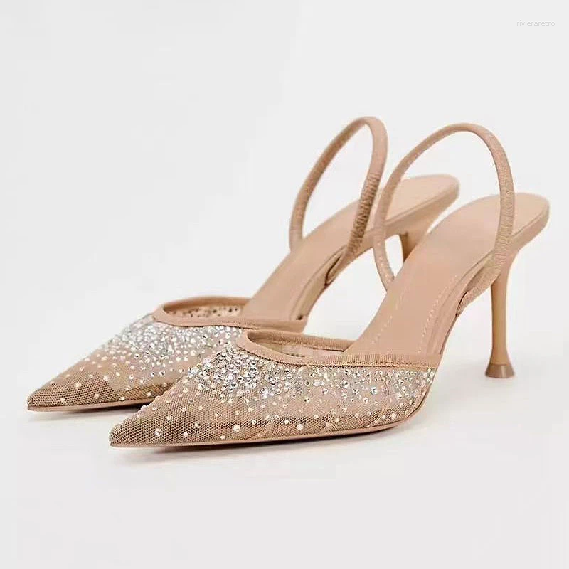 Dress Shoes TRAF French Retro Blue Bow High Heels Point Head Stilettos Sgbacks For Woman Women Elegant Satin Fabric Sandals