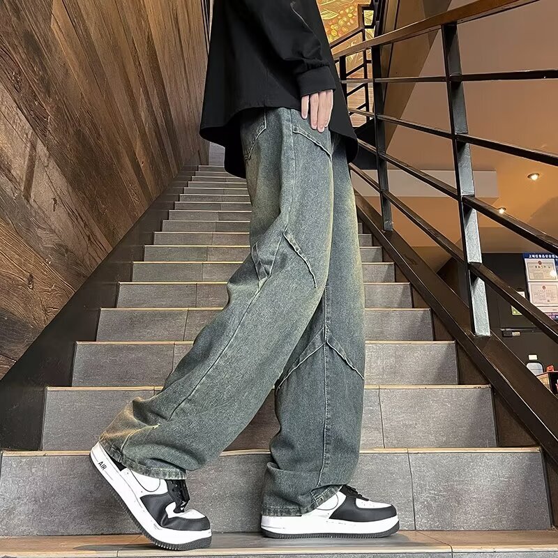 High Street Pants Spring Style American Vibe Loose Wide Leg Rascal Handsome Men's Jeans 2024 New Collection