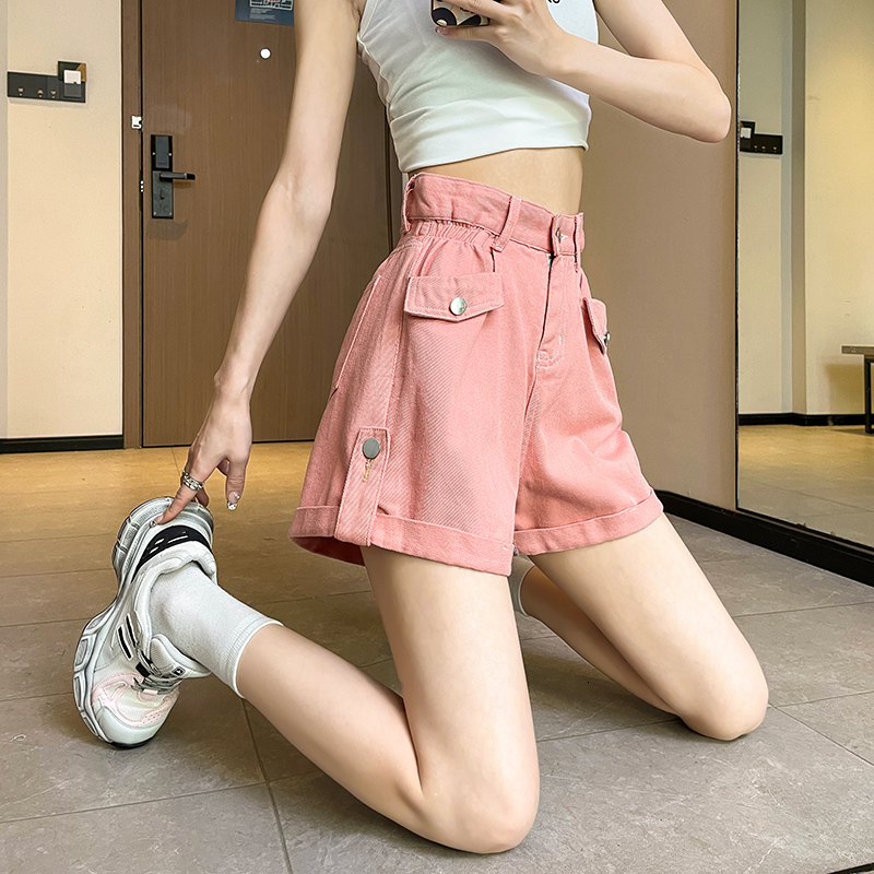 Pink denim shorts, women's hot pants, 2023 summer high waist slimming Korean design pants