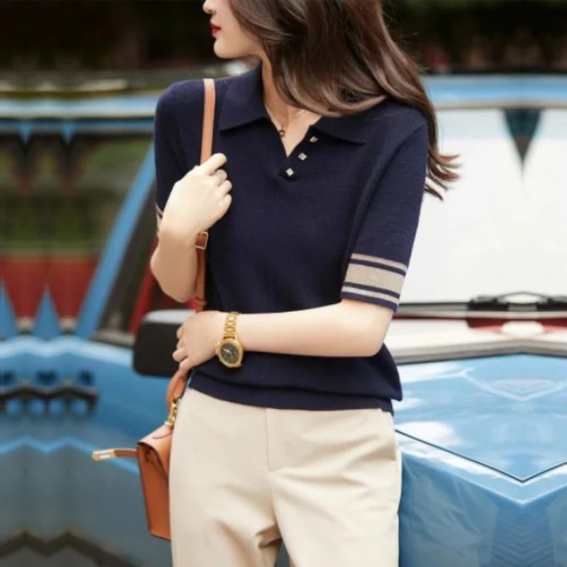 Short Sleeve Polo Shirts Woman Black Women Vintage Sweatshirt Flower Knitted Korean Shirt High Quality Top Cotton 240713