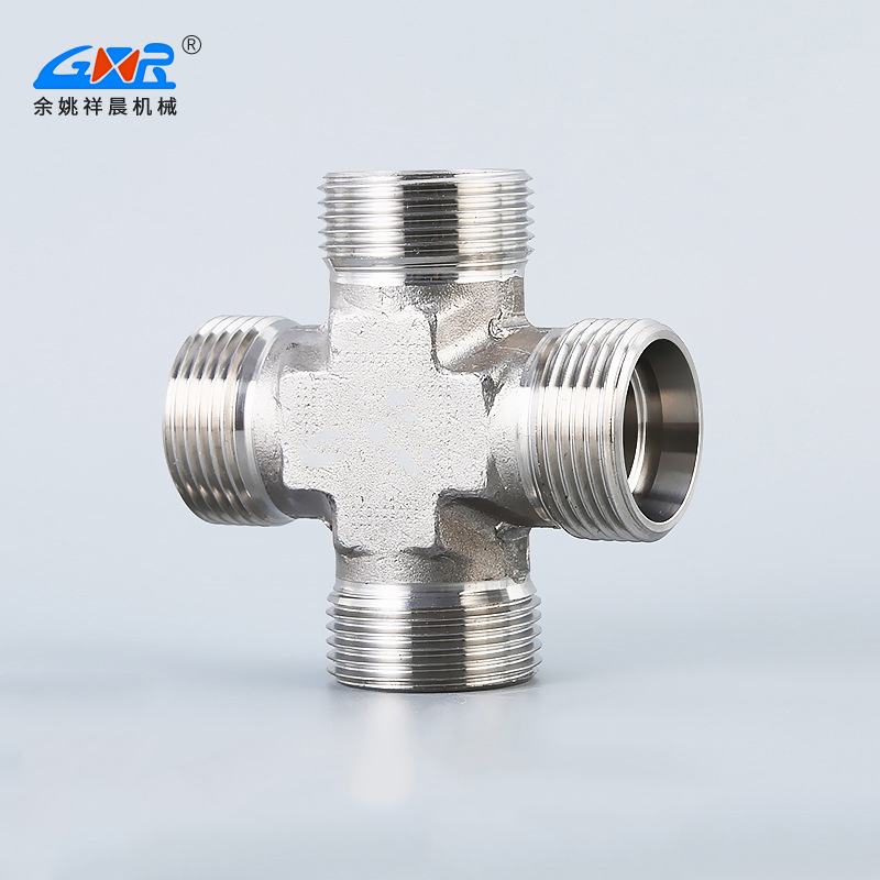 The manufacturer supplies hydraulic four-way fittings with cross external thread hydraulic pipes and quick couplings made of stainless steel 6-55mm mu