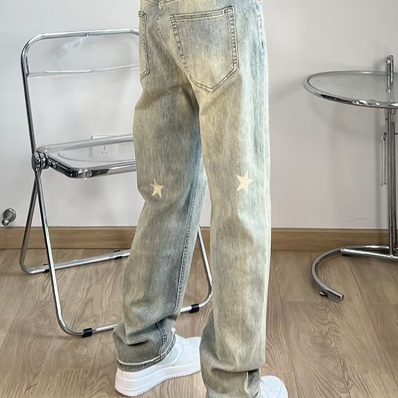 Straight leg men's spring brand fashionable loose yellow mud washed star printed jeans trend