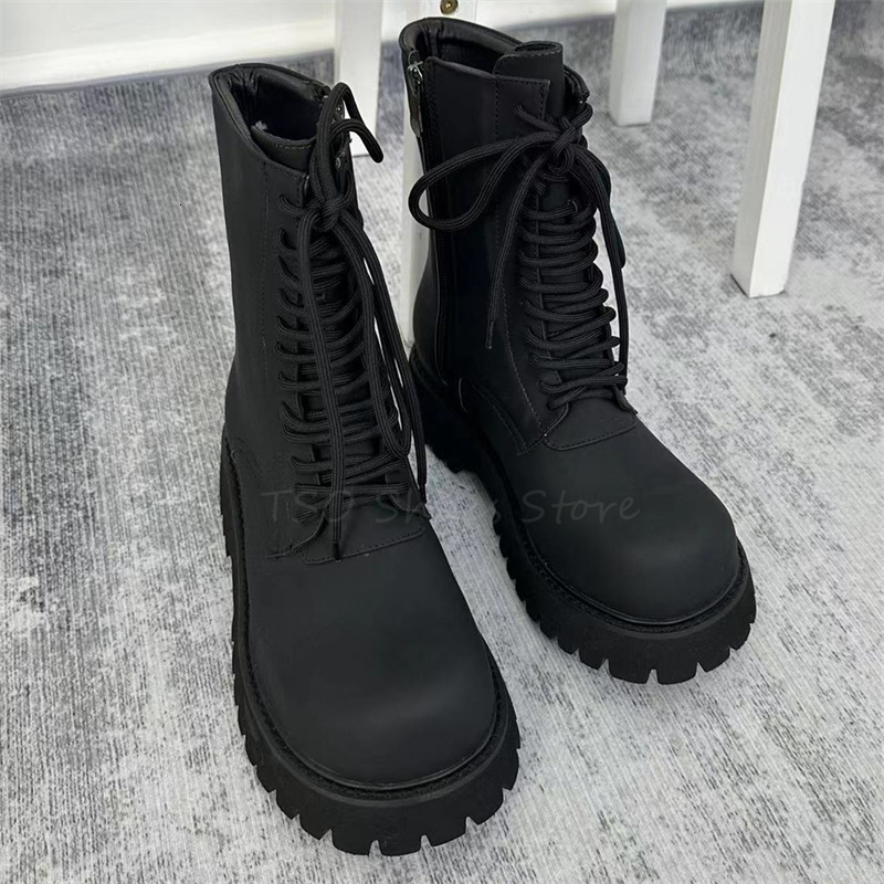 Big Black 2023 New Unisex British Round Toe Short Thick Soled Zipper Lace Up Boots Mid Booties Shoes 241109