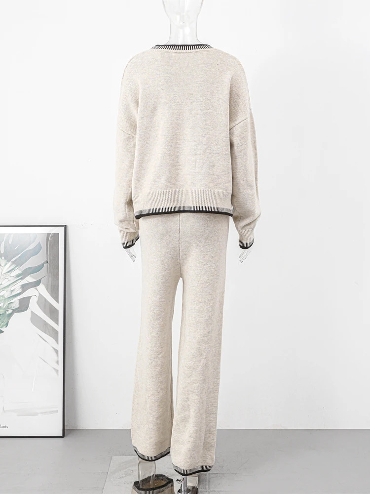 Knitted Long Women Pant Sets Oversized Patchwork Lady Sweater Pullover Suit Wide Leg Elastic Waist Elegant Female Top Set 240712