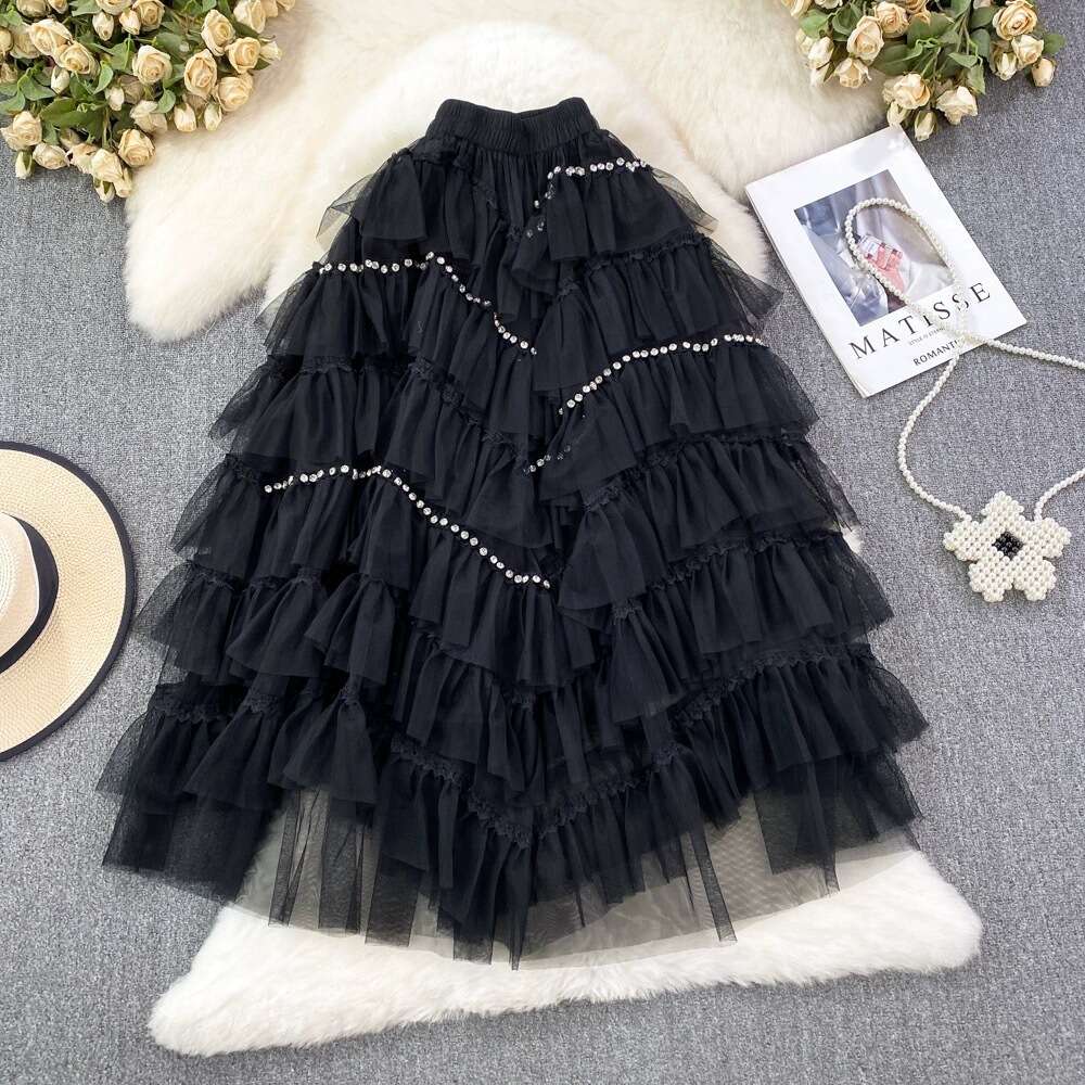 Fairy Mesh Womens Elastic Waist Slim A-line Diamond Embedding Skirt Long Over Knee Fluffy Cake Dress Summer Short Sexy Pregnant Womens Dress Round Nec