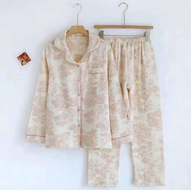 100% Cotton Gauze Women Pajamas Sleepwear Female 2 Piece Set Ink Painting Printing Nightwear Pyjamas Home Clothes Loungewear 240712