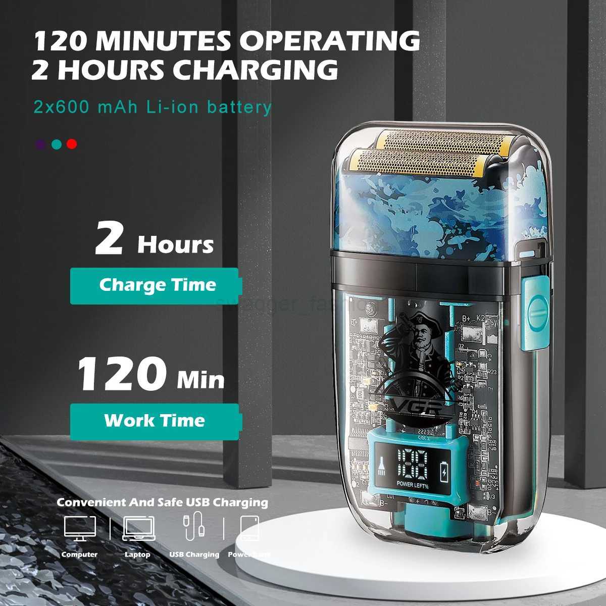 VGR Shaver Professional Razor Waterproof Shaving Machine Rechargeable Beard Trimmer Transparent Shaving Machine for Men V-352B240709