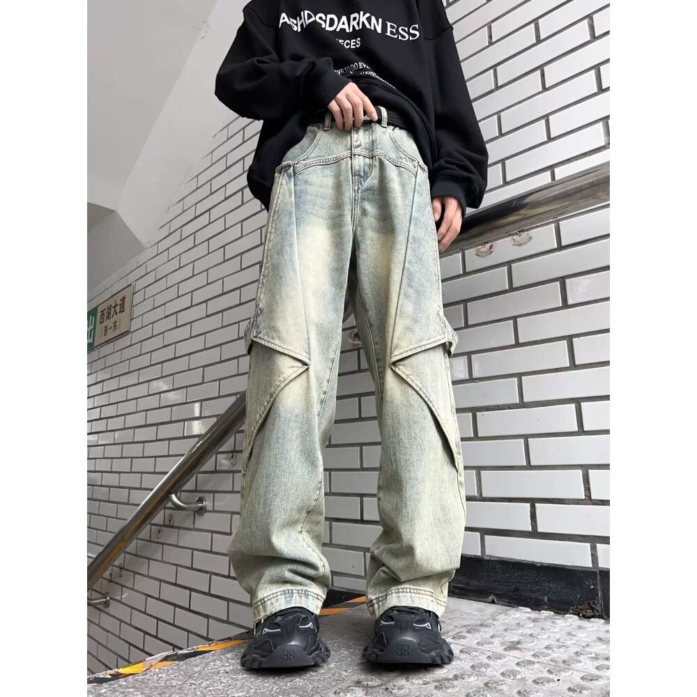 Washed yellow mud jeans for men and women with a niche design sense, American style straight leg work pants
