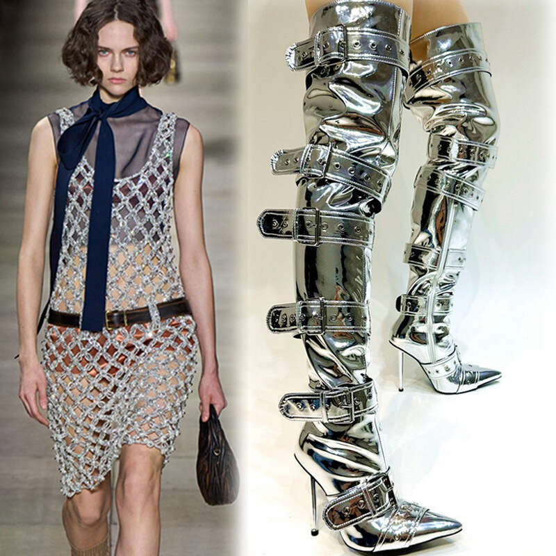 HBP Sexy metal high-heeled pointed belt buckle rivet knee high boots, oversized banquet and fashion boots