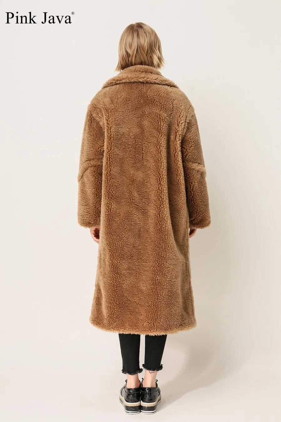 PINK JAVA QC1848 arrival real sheep fur coat long style camel teddy coat over size winter women coat 240708