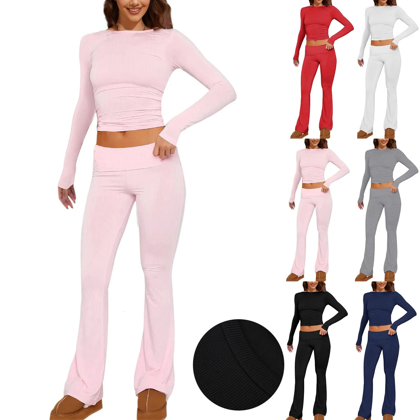 Womens 2 Piece Sets Fold Over Flare Pants Set Long Sleeve Women Petite Suits Suit Jackets And Knit Warm up 240712
