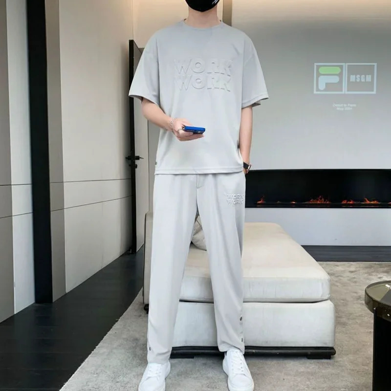 Top Alphabet Male T Shirt Jogging Sports Suits Plain Pants Sets Jogger Clothes for Men Grey Loose Tracksuit Fashion Stylish Chic 240715