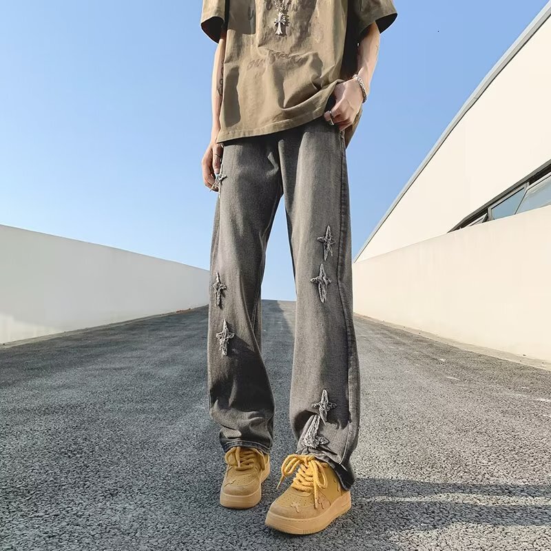 Yellow mud denim jeans straight oversize men's summer trendy brand ruffian handsome micro flared wide leg pants