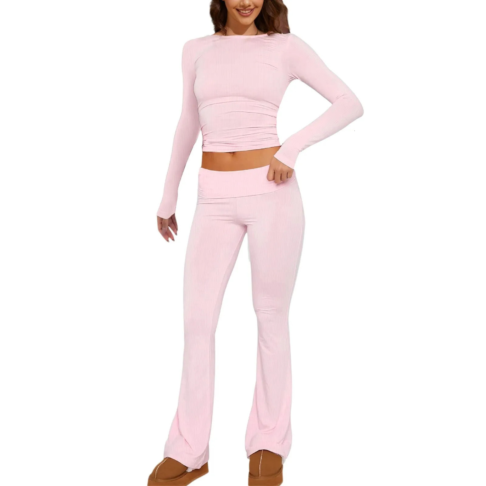 Womens 2 Piece Sets Fold Over Flare Pants Set Long Sleeve Women Petite Suits Suit Jackets And Knit Warm up 240712