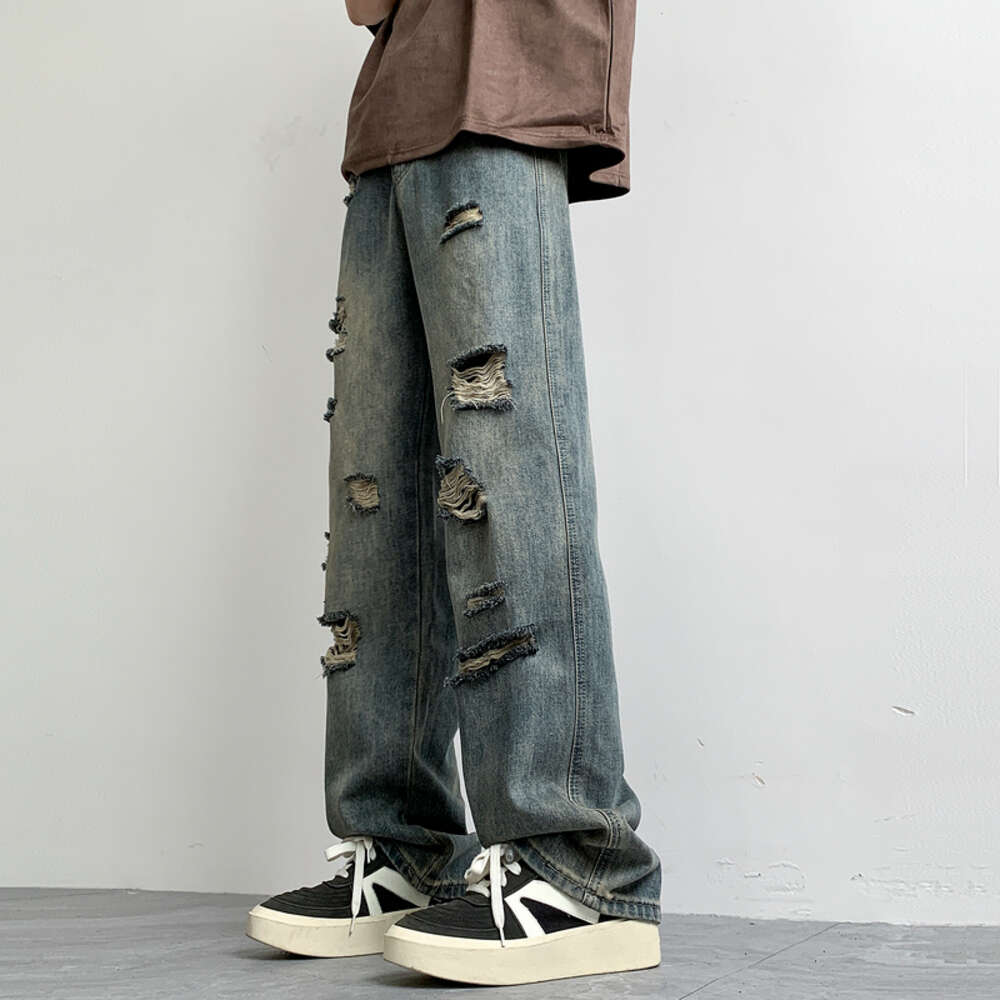 High street American casual ripped jeans men's summer loose straight leg trendy brand pants
