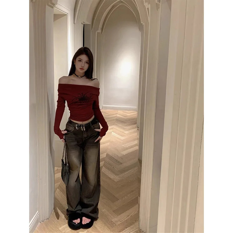 T Shirt Women Long Sleeve Off Shoulder Y2k Vintage Tops Streetwear Korean Style Crop Tops Autumn 240716