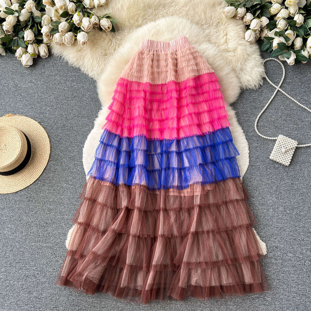 Gradient Irregular Mesh Womens Mid Length Cake Skirt, Fluffy High Waisted, Slimming A-line Fairy Skirt Waist Loose Short Bifurcated Pregnant Womens Dr